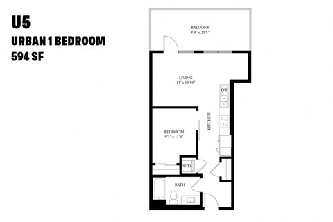Floor plan for 1 bed, 1 bath, 594 sqft